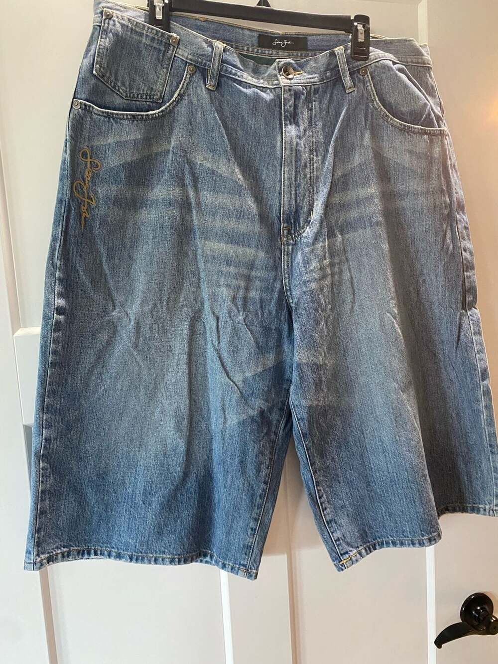 Vintage Sean John Baggy Denim Shorts Light Wash Size 38 Y2K Embroidered Logo
